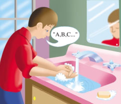 Drawing of a boy vigorously washing his hands with soap and water while singing the alphabet. It takes about 15 seconds to sing the English alphabet, enough time to wash away many disease-causing microbes.