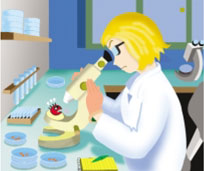 Drawing of a scientist wearing protective glasses and gloves while looking into a microscope at a microbe. She is surrounded by test tubes and Petri dishes. A lab notebook is at her elbow.