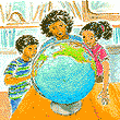Link to Book: HELPING YOUR CHILD LEARN GEOGRAPHY. Image shows the book cover. The woman teaches a boy and girl geography using a globe.