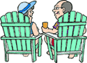 Image of an older man and woman sitting on lawn chairs and talking.