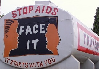 AIDS logo on an interstate truck - painted by the Rotarians in Mombasa, Kenya
