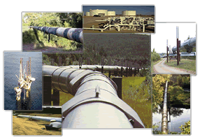 Pictures showing various pipelines, off shore oil rigs and distribution station