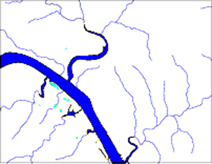 A line maps with various colors representing bodies of water and streams/rivers.
