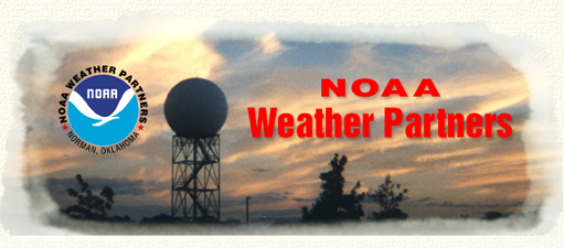 NOAA Weather Partners banner shows the NOAA logo and a Doppler radar silhouetted against a sunset sky