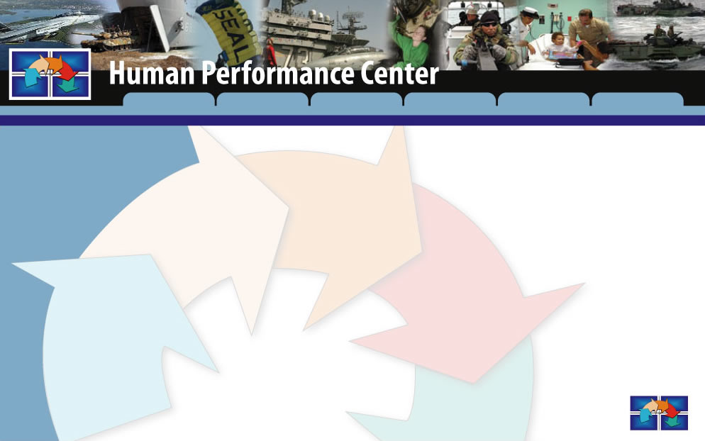 Banner with Navy personnel at work on ships, planes, equipment, and at other duties.  The HPC logo depicts four quadrants of the Human Performance System Model and the five arrows of the Science of Learning.