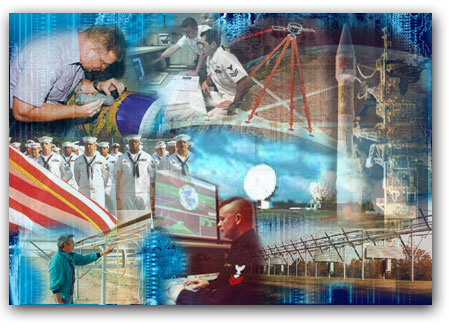 montage of photos illustrating space operations and telecommunications 