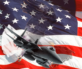 F-15E fighter shown over an embossed Eagle and the furled United States flag.