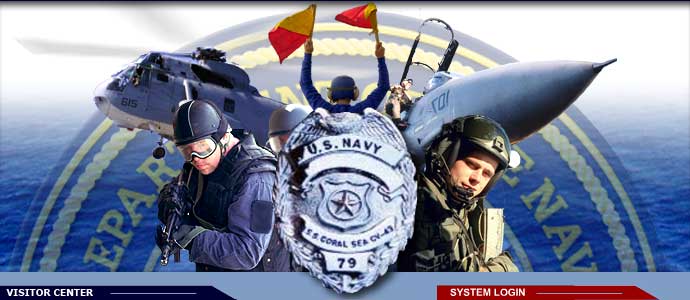 MA badge with images of Navy Law Enforcement personnel, a helicopter and Navy jet