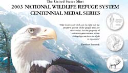 Eagle with a background of mountains, and pictures of the U.S. Mint's silver Centennial medals