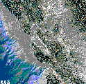 Satellite image of the Greater San Francisco Bay Area, mosaic with bathymetry off the North Central California coast.