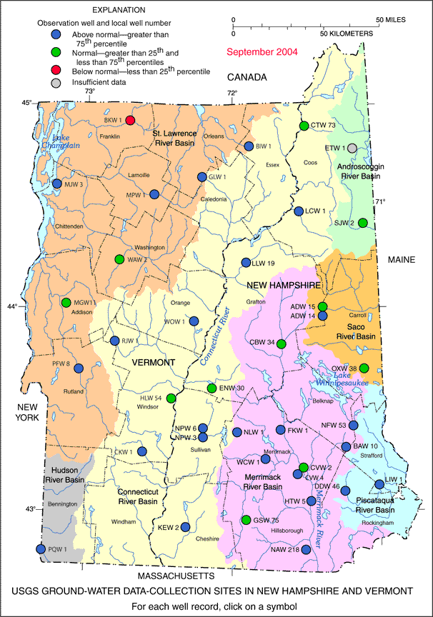 Map of ground-water conditions from selected wells across New Hampshire and Vermont.