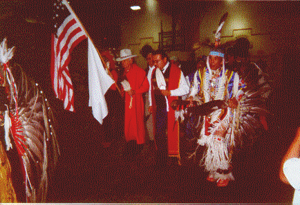 Chairman Ben Nighthorse Campbell and Mr. Steve Brady, executive director of the Sand Creek Massacre descendants group, take part in opening cermonies at the November 10, 2000, Pow-Wow held by the Northern Cheyenne Tribe in Lame Deer Montana celebrating the enactment into law of Campbell's Sand Creek Massacre National Historic Site legislation.