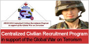 image of a soldier in helmet, and the words Centralized Civilian Recruitment Program - Global War On Terrorism