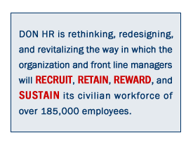 DON HR is rethinking, redesigning, and revitalizing the way in which the organization and front line managers will RECRUIT, RETAIN, REWARD, and SUSTAIN its civilian workforce of over 185,000 employees.