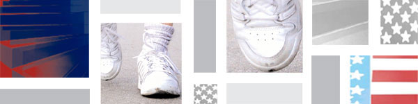 Images of walking shoes, steps, and stars and stripes from an American flag