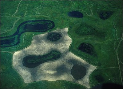 NPWRC Photo: Aerial view of wetlands surrounded by varying agricultural practices.