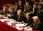 Defense Secretary Donald H. Rumsfeld (center), accompanied by top service officers, answers questions from the Senate Armed Services Committee while in Washington D.C on Sept. 23, 2004. Secretary Rumsfeld was at the Hart Senate Office Building to give testimony on the Global Posture Review of U.S. military forces. Defense Dept. photo by U.S. Air Force Master Sgt. James M. Bowman
