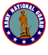 Army National Guard Offical Logo-Centered on a light blue disc edged red, a representation of the Minute Man Statute by Daniel French in bronze detailed black facing to the right, all enclosed by a blue border bearing the words ARMY NATIONAL GUARD at the top and five stars below all in white