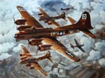 Painting of bomber jets flying in formation.