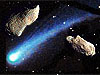 Asteroids floating in space with a comet moving between them