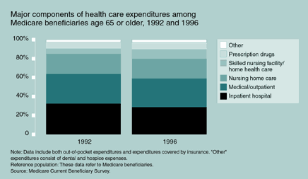 Chart of Major Components of Health Care Expenditures Among Medicare Beneficiaries Age 65 or Older, 1992 and 1996.  See text for details.