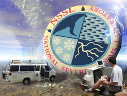 Picture of NSSL logo, researcher, tornado, and chaser van.