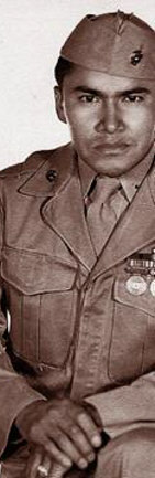 Close up photo of William Dean Wilson, a Navajo Code Talker.  Mr. Wilson wears a uniform with medals and is facing the camera.