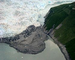 Photo of Hubbard Glacier terminus July 16, 2002 (click on image for enlargements 750 KB).