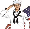 Illustration of sailor saluting, in the background the American flag is wavinging