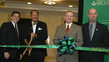 (left to right) NRCS Chief Bruce Knight, North Carolina University Chancellor James Renick, Center Director Bill Puckett and Lab Leader Javier Ruiz at the grand opening of the East National Technology Support Center in Greensboro, N.C.