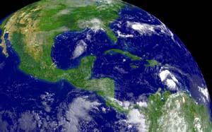 NOAA satellite image of Tropical Storms Bonnie and Charly taken at 9:45 a.m. EDT on Aug. 10, 2004.