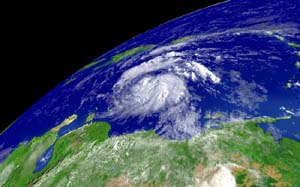 NOAA satellite image of Tropical Storm Charly, the third tropical storm of the 2004 Atlantic hurricane season, taken at 8:15 a.m. EDT on Aug. 10, 2004.