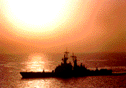 Photo, silhouette of ship agains setting sun