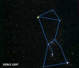 The constellation Orion in visible light and infrared light.