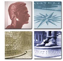 Banner Graphic, Collage graphic showing Bust of Former President, George Bush, Section of the CIA Seal, Section of cryptos, the Cryptographic Sculpture, and the base of the  Nathan Hale Statue.
