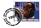 First class postage stamp displaying Louis Armstrong