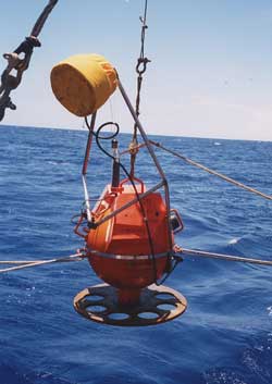 Photo of an Ocean Bottom Seismometer being Deployed.
