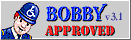 Bobby Approved Symbol. 
A friendly uniformed police officer wearing a helmet displaying the wheelchair access symbol. 
Words 'Bobby Approved v3.1' appear to his right.