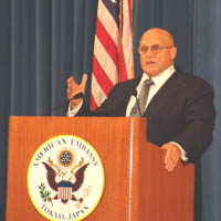 Deputy Secretary of State Richard L. Armitage makes a point during his press conference at the Embassy Oct. 13.