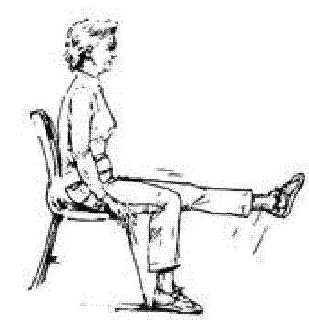 Leg Extensions: to tone the upper leg muscles. Sit upright. Lift 1eft leg off the floor and extend it fully. Lower it very slowly. Suggested repetitions: 10-15 each leg. (o)