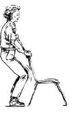 Back Leg Swing: to firm the buttocks and strengthen the lower back. Stand up, holding on to the back of a chair. Keep your back and hips in line with the chair as you do the exercise. Extend one leg back, foot pointed towards the floor. Keeping the knee straight, Litt the leg backwards approximately four inches and concentrate on squeezing the muscles in the buttocks with each lift Make sure you keep your back straight as you raise your legs. Return to starting position. Suggested repetitions 10 each leg. 