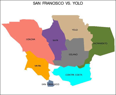 Map of San Francisco and Yolo Counties and neighboring counties