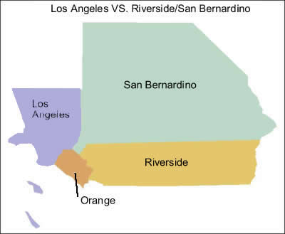 Map of Los Angeles, San Bernadino, Riverside and Orange Counties