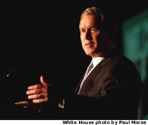 Photo of President Bushspeaking at a lecturn. White House photo by Paul Morse