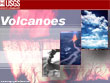 Wallpaper of VOLCANOES. Image shows four photos of volcanoes. Background: a volcano erupting lava. Lava flows down the cliff like waterfall. Left: a volcano erupting ashes. Center: a volcano erupting lava. Right: a volcano erupting ashes.