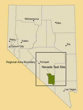 Map of the state of Nevada with the Nevada Test Site and regional area boundary