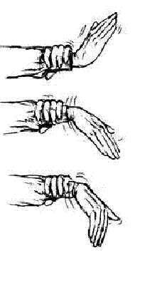 Finger Stretching: to maintain finger dexterity. With the palm of the right hand facing down, gently force fingers back toward forearm, using left hand for leverage; then place left hand on top and push fingers down. Suggested repetitions: 5 each hand.