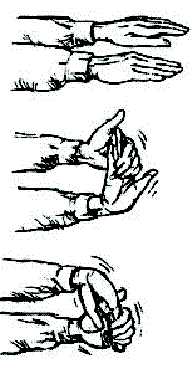 Hand Rotation: to maintain wrist flexibility and range of motion. Grasp right wrist with left hand. Keep right palm facing down. Slowly rotate hand 5 times each clockwise and counter-clockwise. Suggested repetitions: 5 each hand.