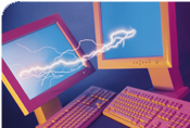 Two computer screens connected by a bolt of lightening