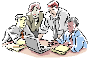 Graphic of people gathered at a table around a computer.